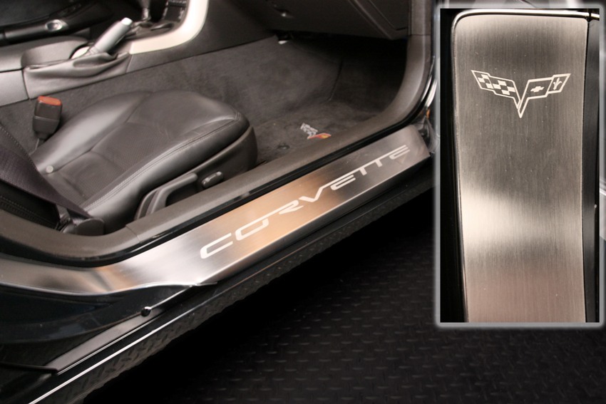 2005-2013 C6 Corvette, Doorsills Etched GM LICENSED Polished 2pc, Stainless Steel